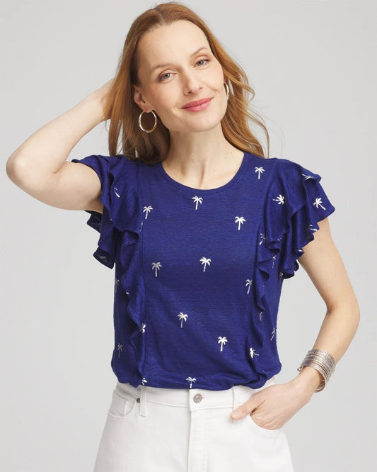 Chico's Women | Foiled Flutter-Sleeve Linen Tee BLUE CASA