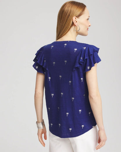 Chico's Women | Foiled Flutter-Sleeve Linen Tee BLUE CASA