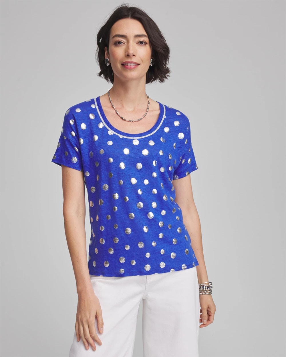 Chico's Women | Foiled Polka-Dot Sweater-Trim Linen Tee BLUE CASA