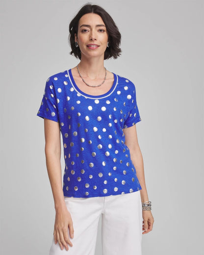 Chico's Women | Foiled Polka-Dot Sweater-Trim Linen Tee BLUE CASA