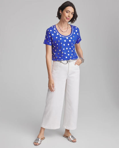 Chico's Women | Foiled Polka-Dot Sweater-Trim Linen Tee BLUE CASA