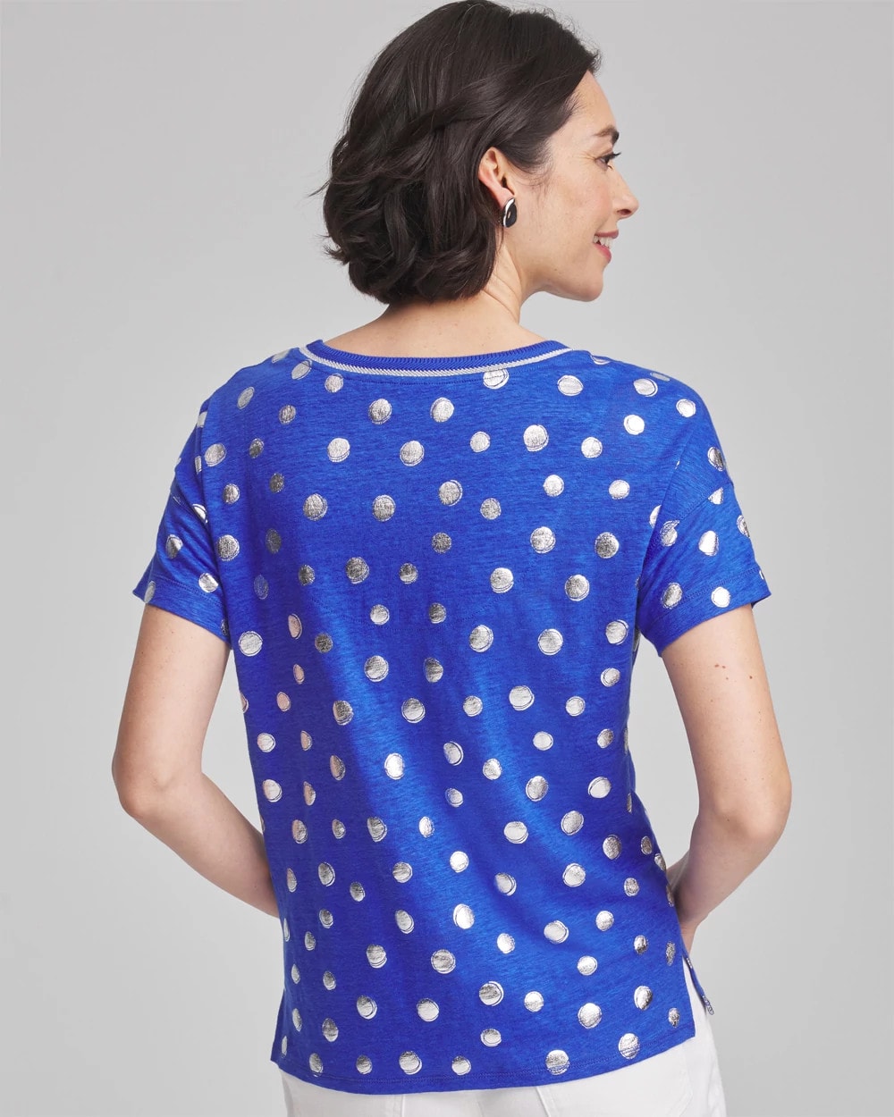 Chico's Women | Foiled Polka-Dot Sweater-Trim Linen Tee BLUE CASA