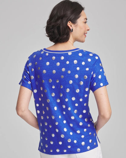 Chico's Women | Foiled Polka-Dot Sweater-Trim Linen Tee BLUE CASA