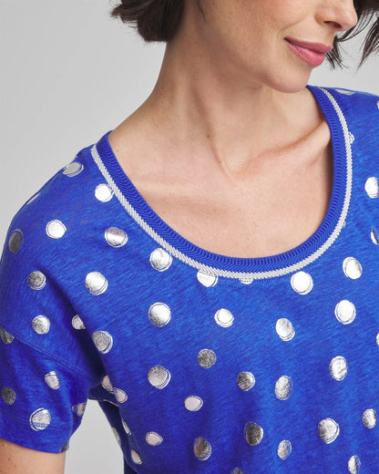 Chico's Women | Foiled Polka-Dot Sweater-Trim Linen Tee BLUE CASA