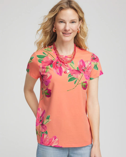 Chico's Women | Floral Cap-Sleeve Tee SUNSET PEACH