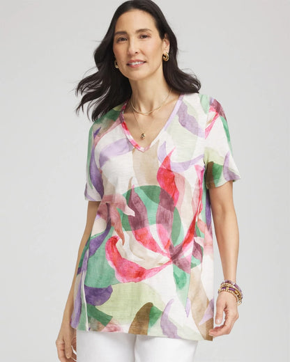 Chico's Women | Floral Short Sleeve Forward-Seam Tee ALABASTER