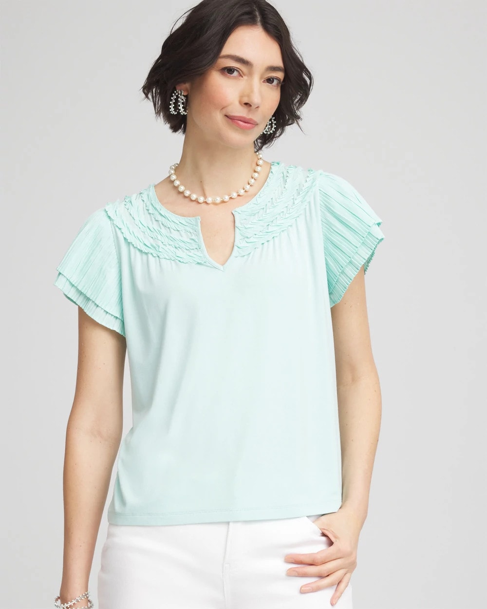 Chico's Women | Touch of Cool™ Layered Pleated Flutter Tee TEAL WATERS