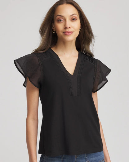 Chico's Women | Pleated-Trim Flutter-Sleeve Tee BLACK