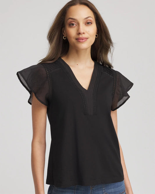 Chico's Women | Pleated-Trim Flutter-Sleeve Tee BLACK
