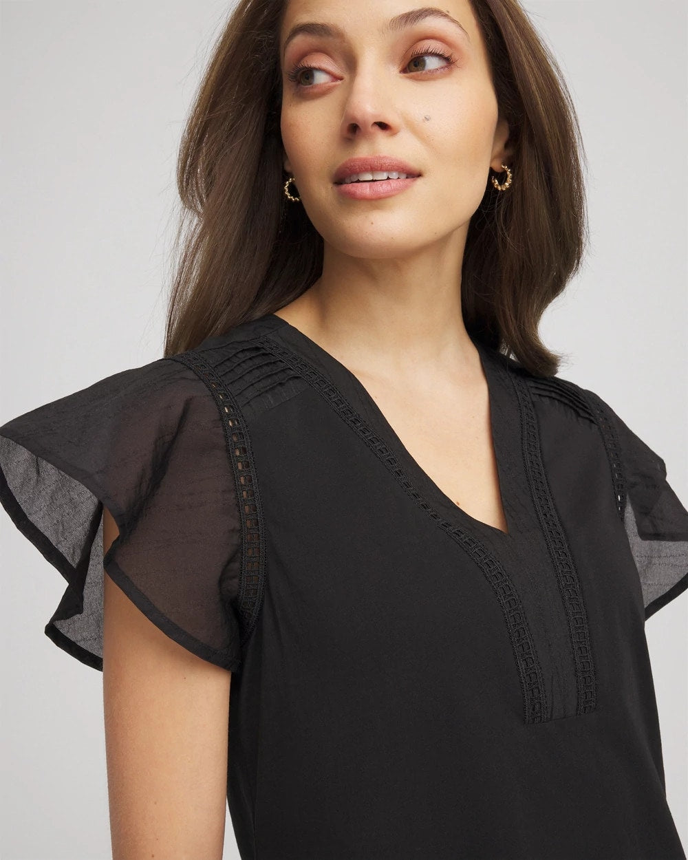 Chico's Women | Pleated-Trim Flutter-Sleeve Tee BLACK