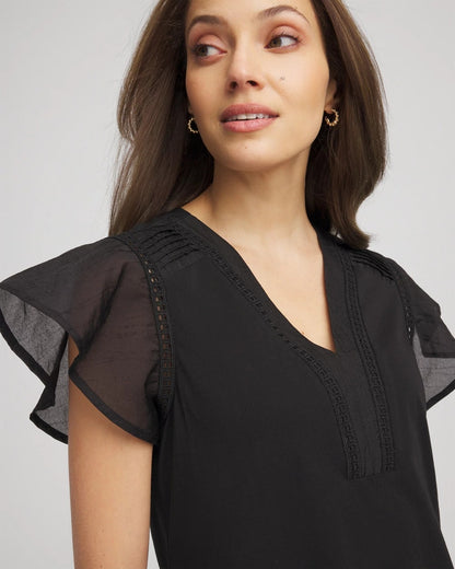 Chico's Women | Pleated-Trim Flutter-Sleeve Tee BLACK