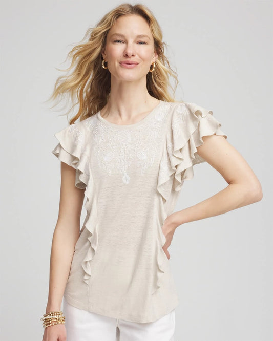 Chico's Women | Embroidered Flutter-Sleeve Tee RIVER ROCK