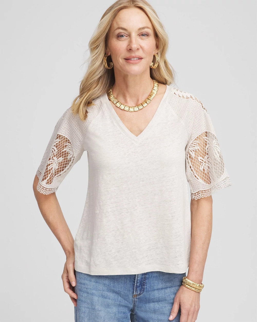 Chico's Women | Linen Crochet Lace Short Sleeve Tee RIVER ROCK