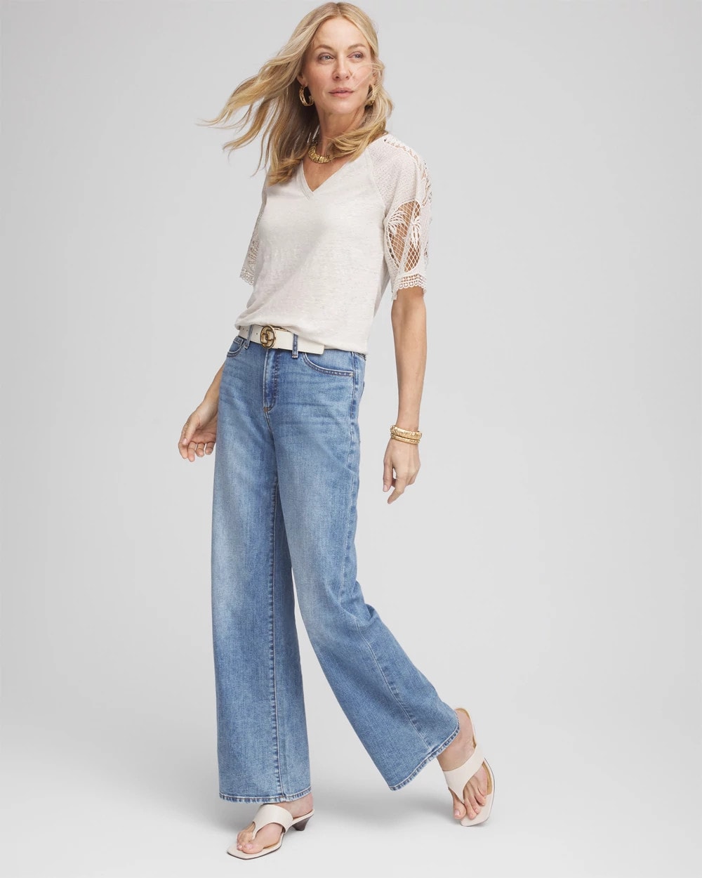 Chico's Women | Linen Crochet Lace Short Sleeve Tee RIVER ROCK