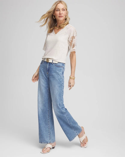 Chico's Women | Linen Crochet Lace Short Sleeve Tee RIVER ROCK