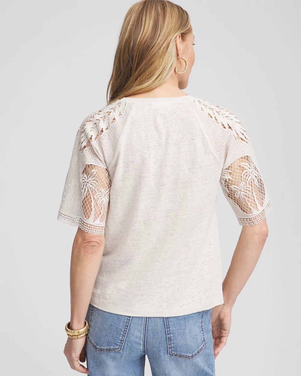 Chico's Women | Linen Crochet Lace Short Sleeve Tee RIVER ROCK