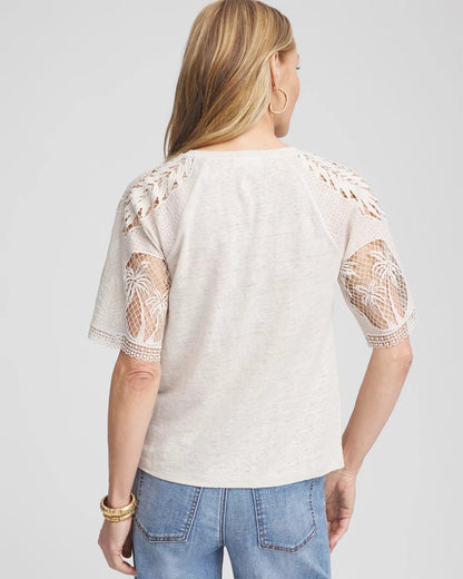 Chico's Women | Linen Crochet Lace Short Sleeve Tee RIVER ROCK