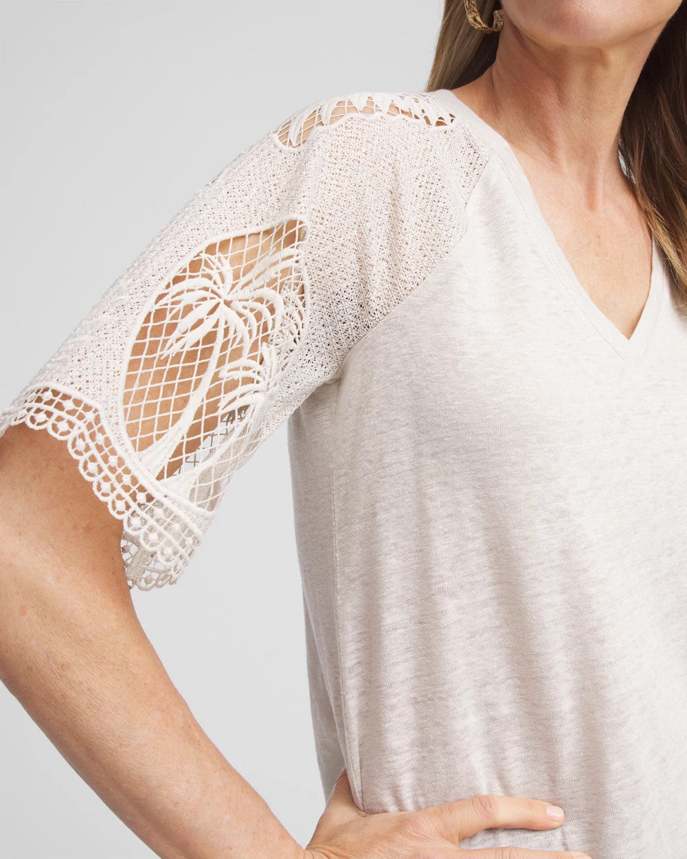 Chico's Women | Linen Crochet Lace Short Sleeve Tee RIVER ROCK