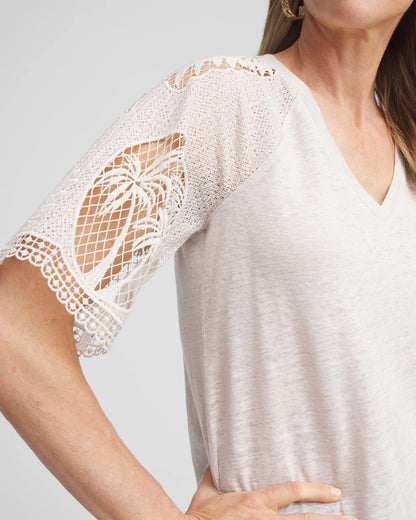 Chico's Women | Linen Crochet Lace Short Sleeve Tee RIVER ROCK