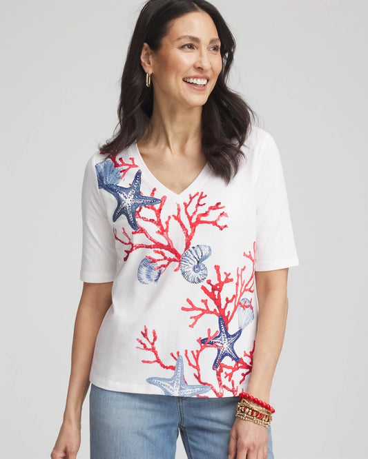 Chico's Women | Coral Print V-Neck Perfect Tee ALABASTER