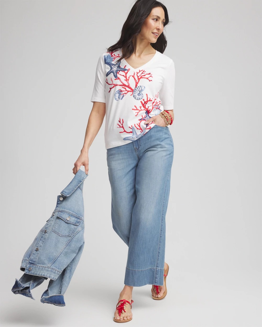 Chico's Women | Coral Print V-Neck Perfect Tee ALABASTER