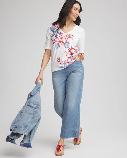 Chico's Women | Coral Print V-Neck Perfect Tee ALABASTER