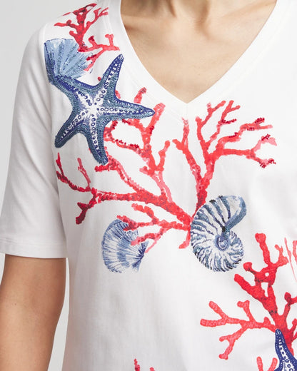 Chico's Women | Coral Print V-Neck Perfect Tee ALABASTER