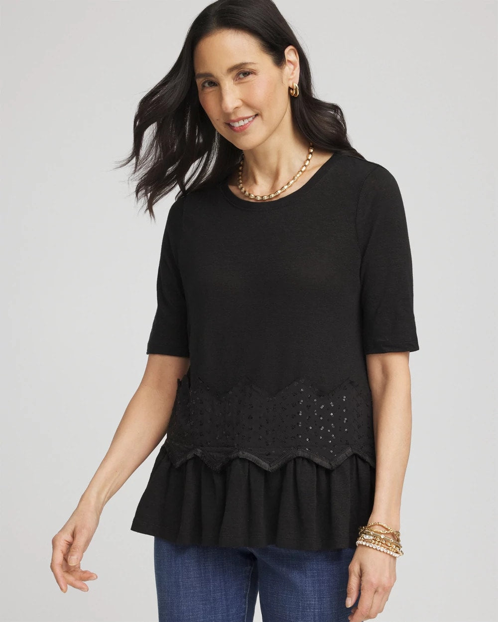 Chico's Women | Chevron Sequin Peplum Linen Tee BLACK