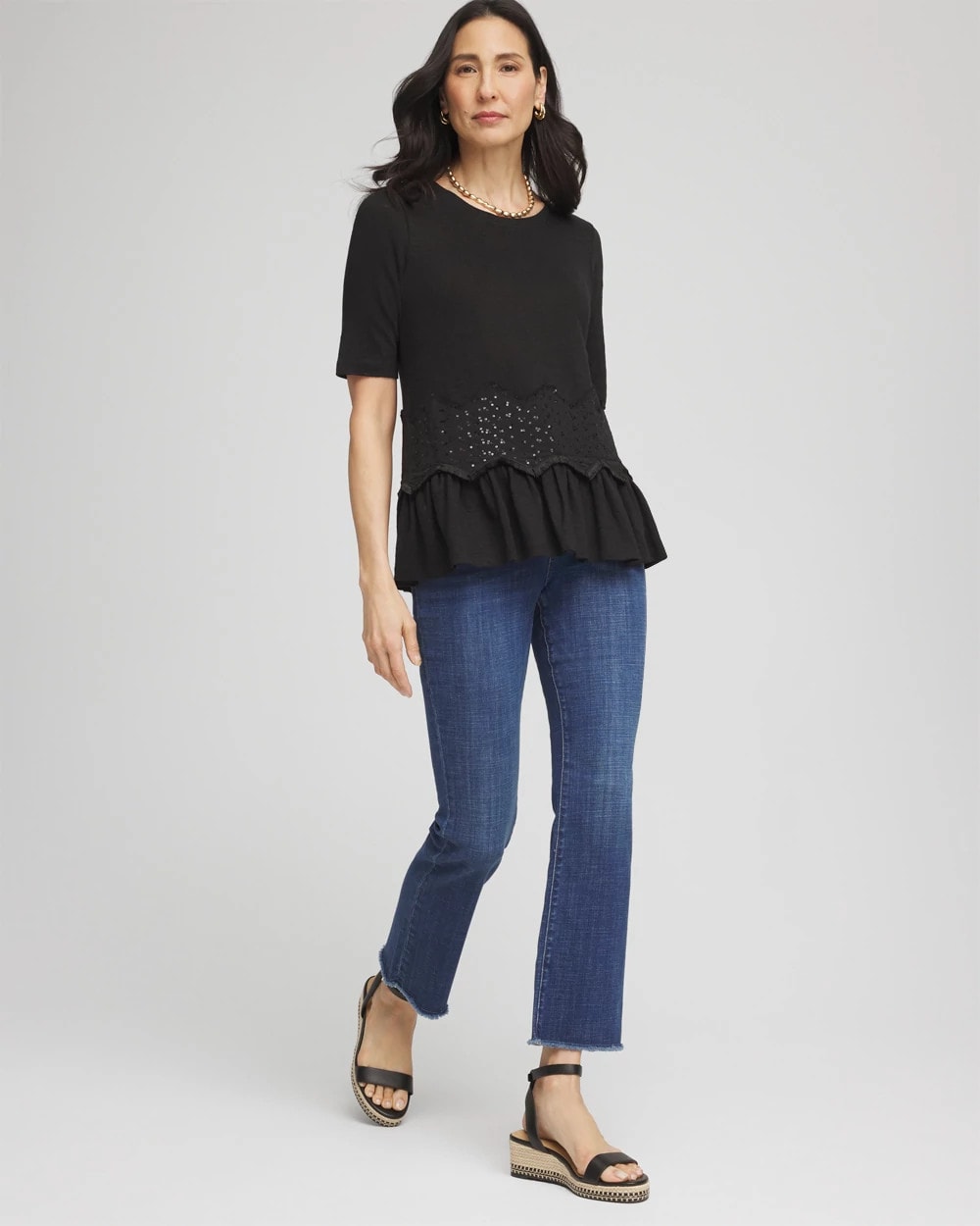 Chico's Women | Chevron Sequin Peplum Linen Tee BLACK
