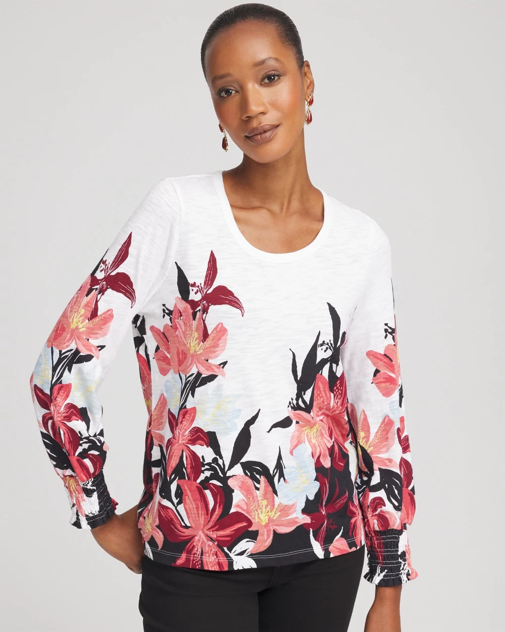Chico's Women | Floral-Motif Smocked Cotton-Slub Tee ALABASTER