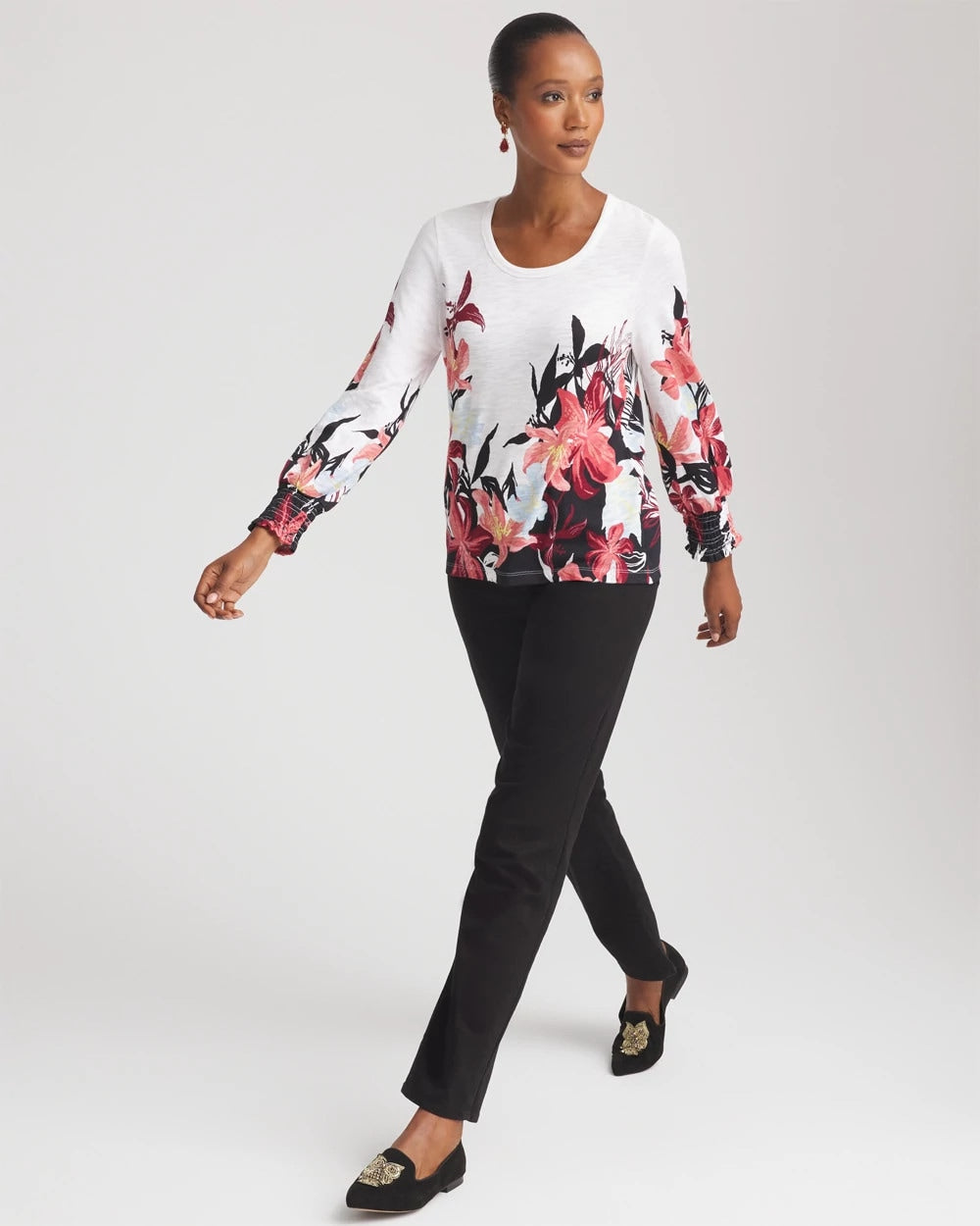 Chico's Women | Floral-Motif Smocked Cotton-Slub Tee ALABASTER