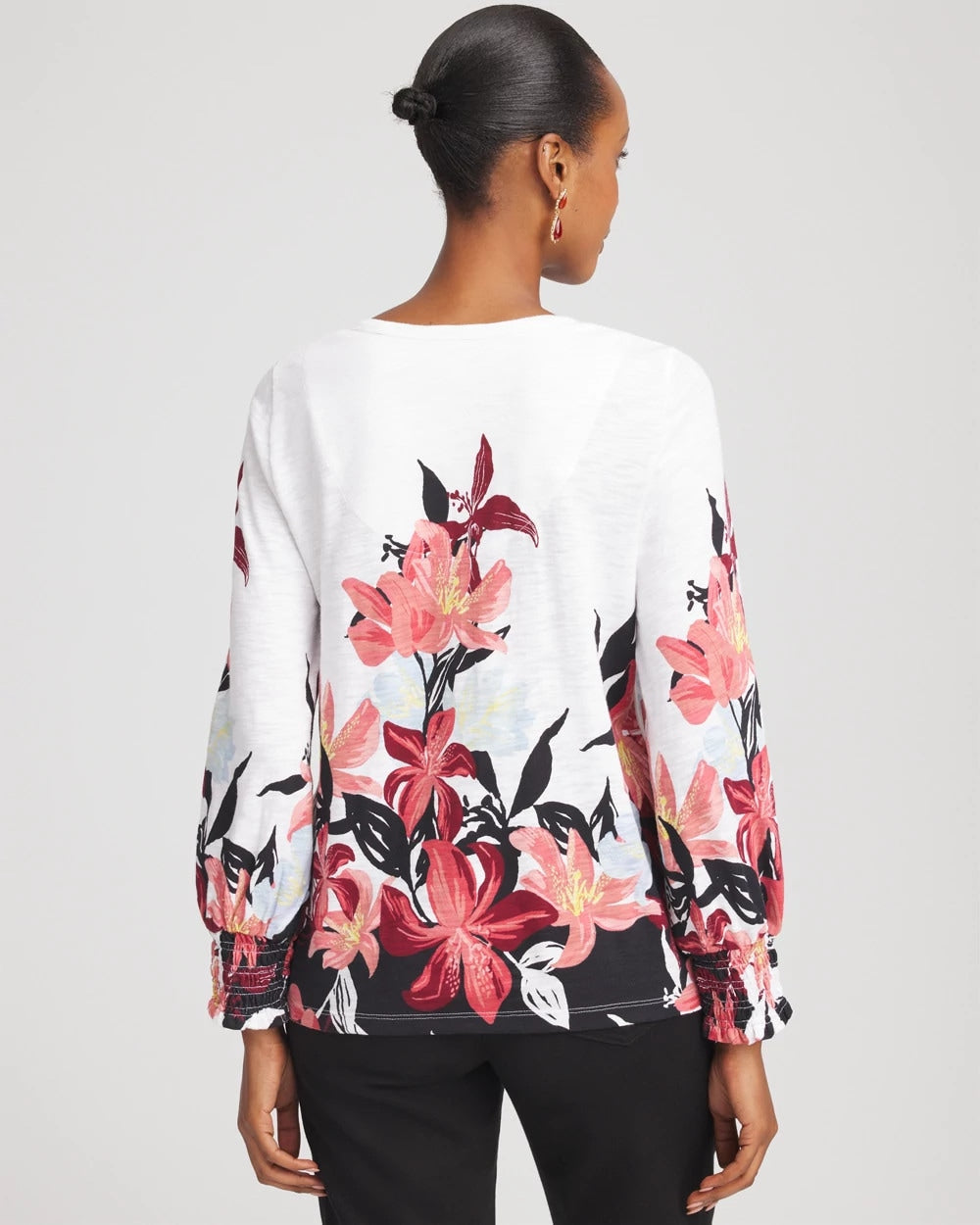 Chico's Women | Floral-Motif Smocked Cotton-Slub Tee ALABASTER