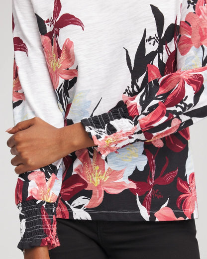 Chico's Women | Floral-Motif Smocked Cotton-Slub Tee ALABASTER