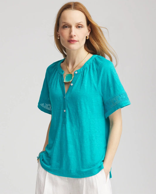 Chico's Women | Linen Lace-Cutwork Sleeve Henley Tee SEASPRAY