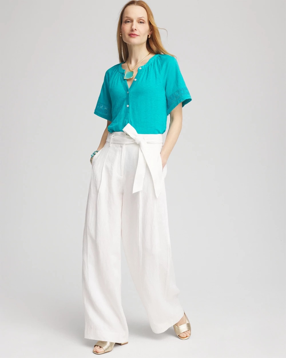 Chico's Women | Linen Lace-Cutwork Sleeve Henley Tee SEASPRAY