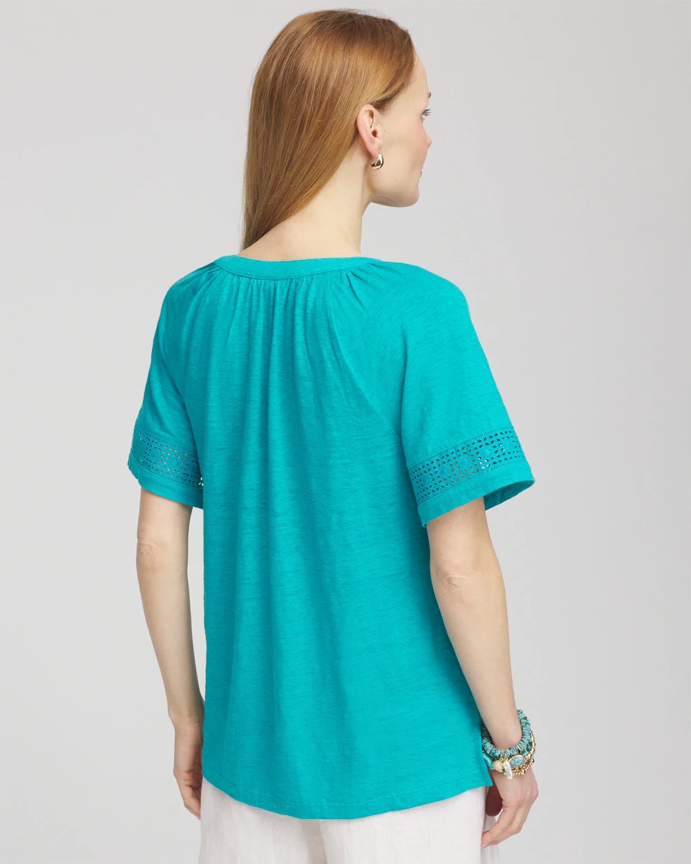 Chico's Women | Linen Lace-Cutwork Sleeve Henley Tee SEASPRAY