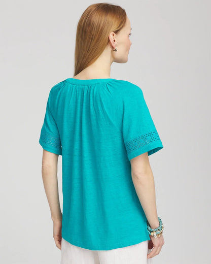 Chico's Women | Linen Lace-Cutwork Sleeve Henley Tee SEASPRAY