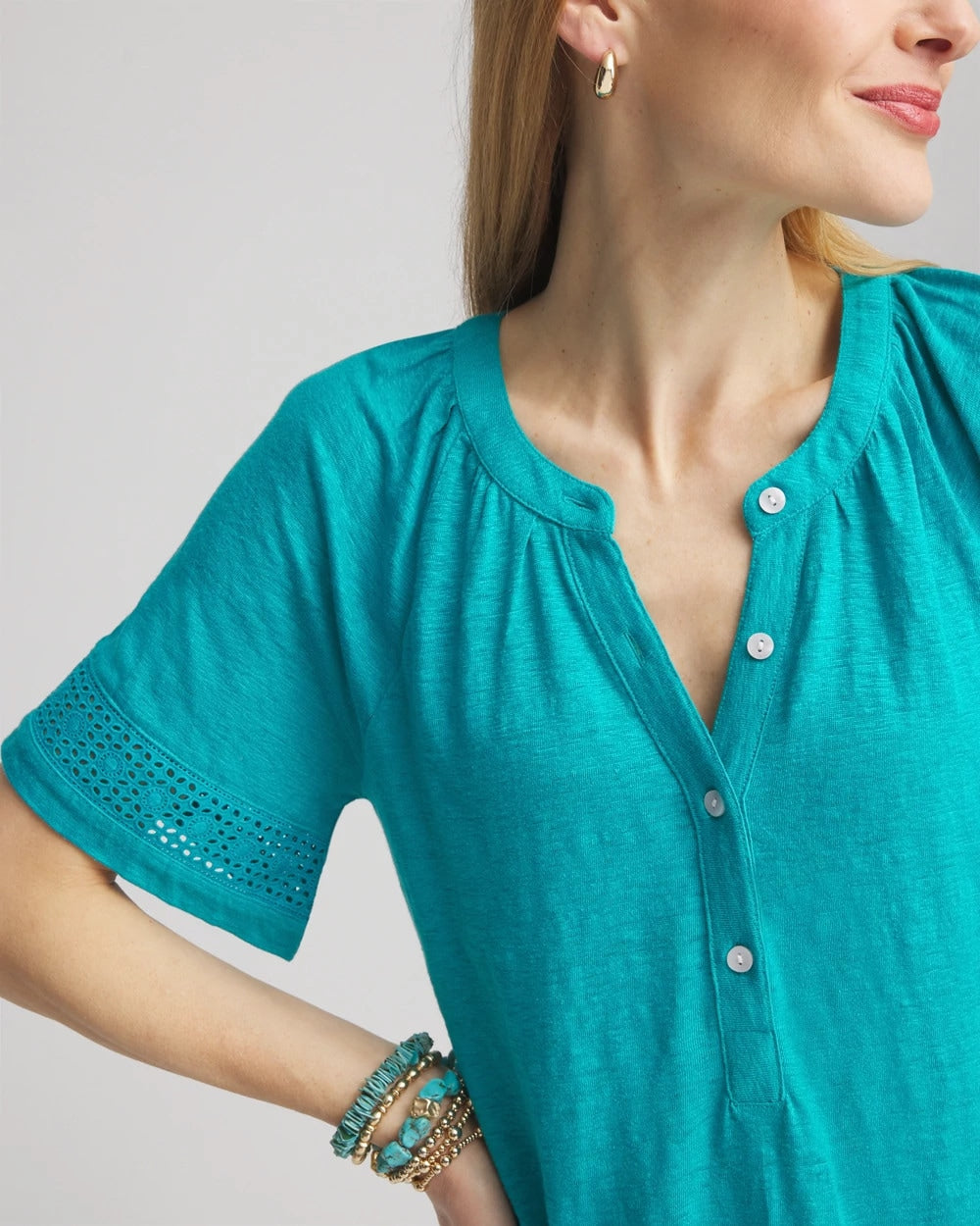 Chico's Women | Linen Lace-Cutwork Sleeve Henley Tee SEASPRAY