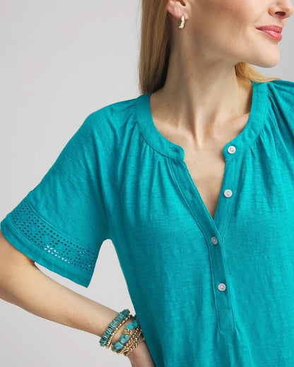 Chico's Women | Linen Lace-Cutwork Sleeve Henley Tee SEASPRAY