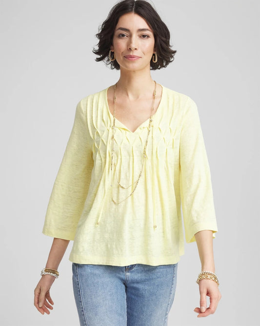 Chico's Women | Pintuck Linen Notched-Neck Tee BRIGHT YELLOW