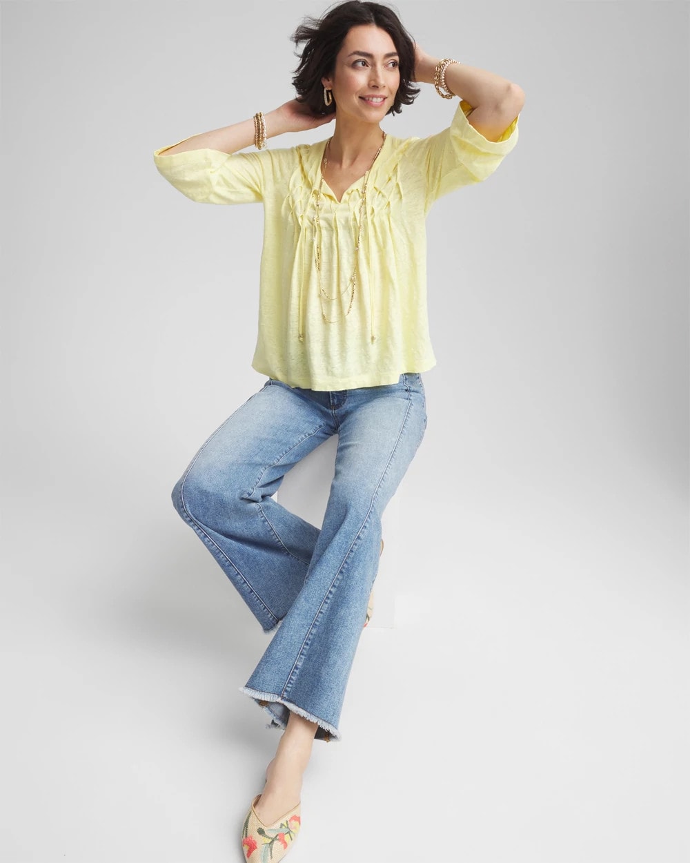 Chico's Women | Pintuck Linen Notched-Neck Tee BRIGHT YELLOW