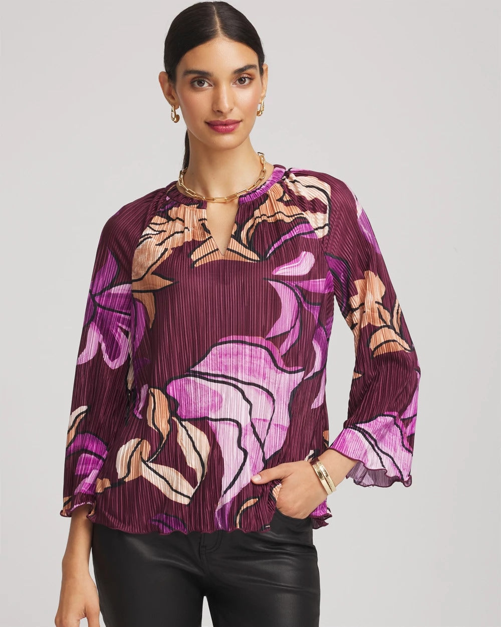 Chico's Women | Printed Pleated V-Neck Tee DEEP CHIANTI