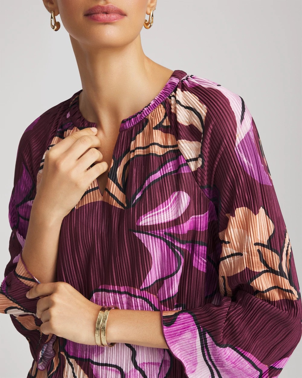 Chico's Women | Printed Pleated V-Neck Tee DEEP CHIANTI