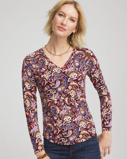 Chico's Women | Paisley Touch of Cool™ V-Neck Layering Tee DEEP CHIANTI