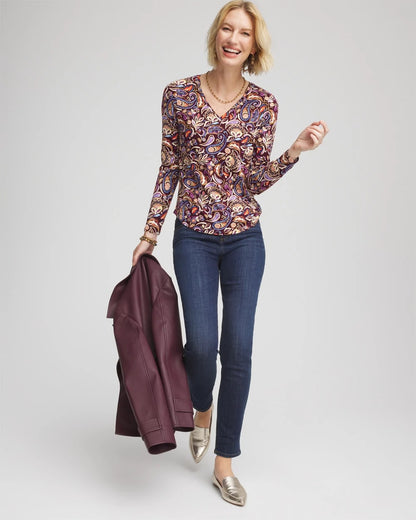 Chico's Women | Paisley Touch of Cool™ V-Neck Layering Tee DEEP CHIANTI