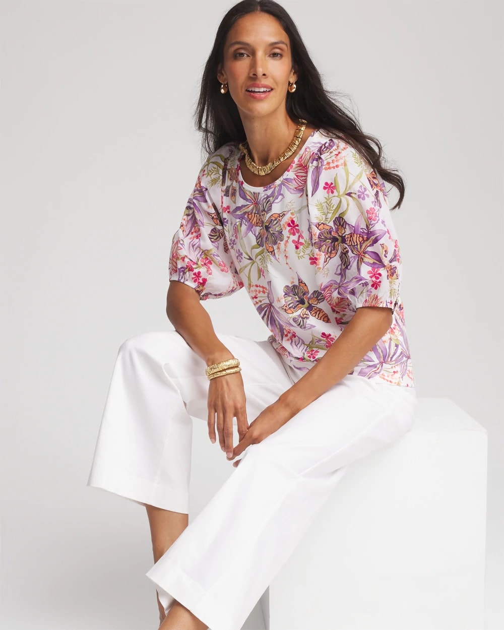 Chico's Women | Floral Dolman Sleeve Knit Top ALABASTER