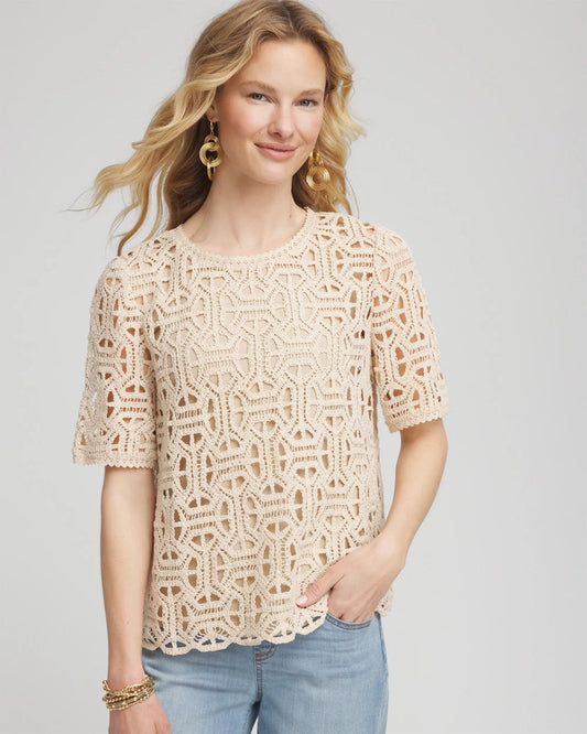 Chico's Women | Short-Sleeve Crochet Top GLISTENING SAND