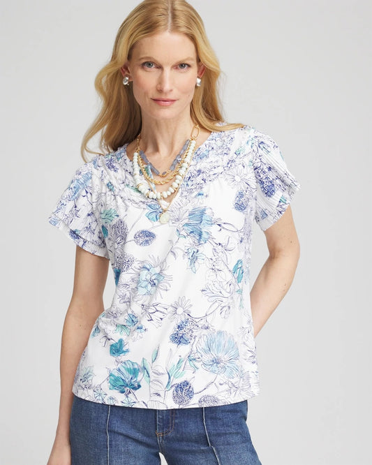 Chico's Women | Touch of Cool™ Floral Flutter Sleeve Tee ALABASTER