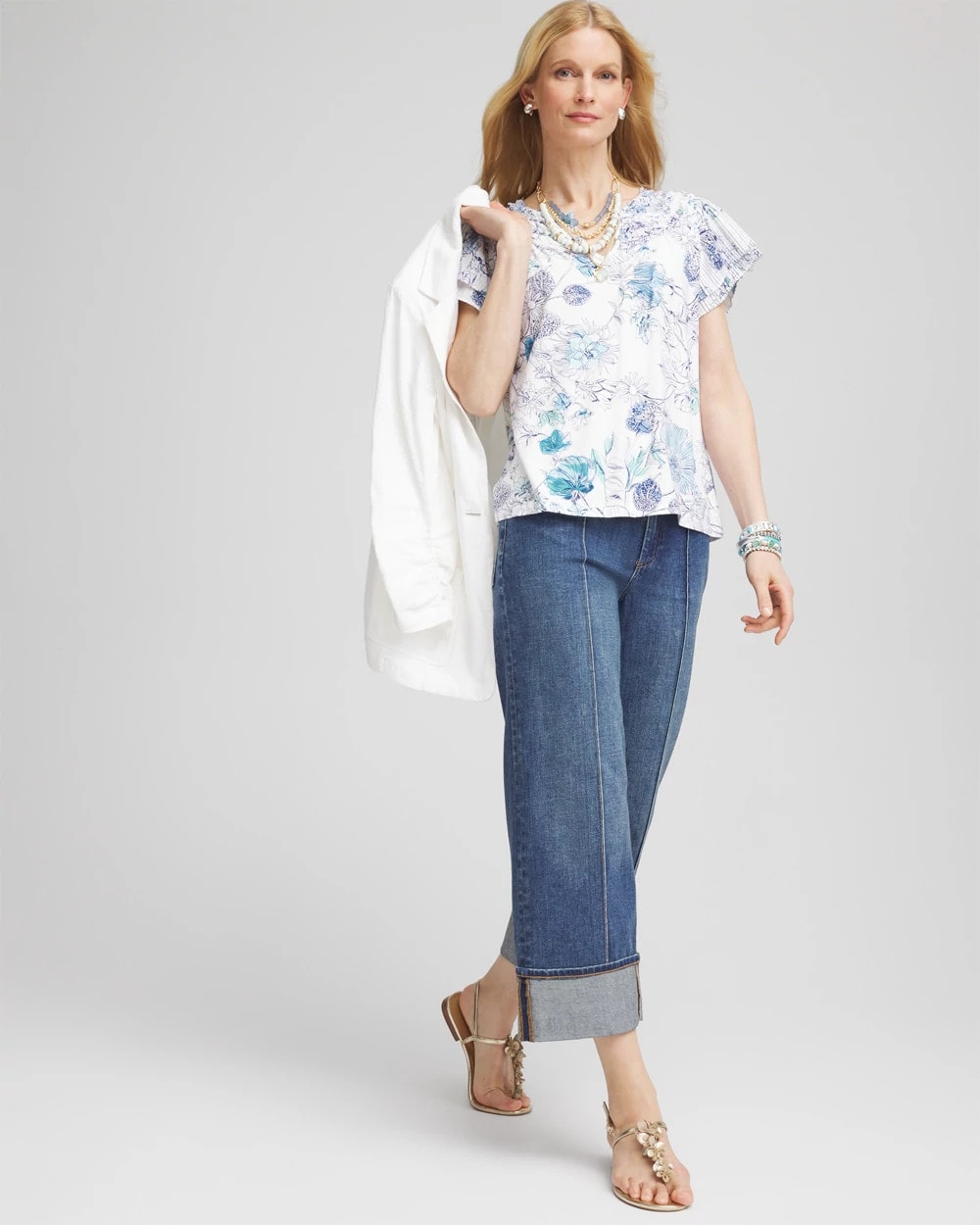 Chico's Women | Touch of Cool™ Floral Flutter Sleeve Tee ALABASTER