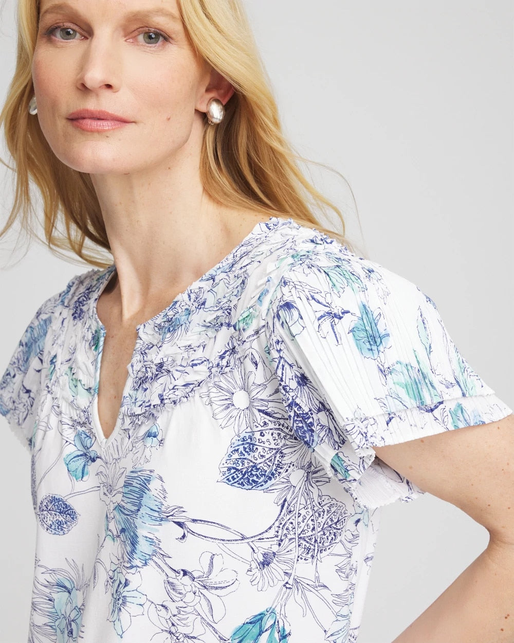 Chico's Women | Touch of Cool™ Floral Flutter Sleeve Tee ALABASTER